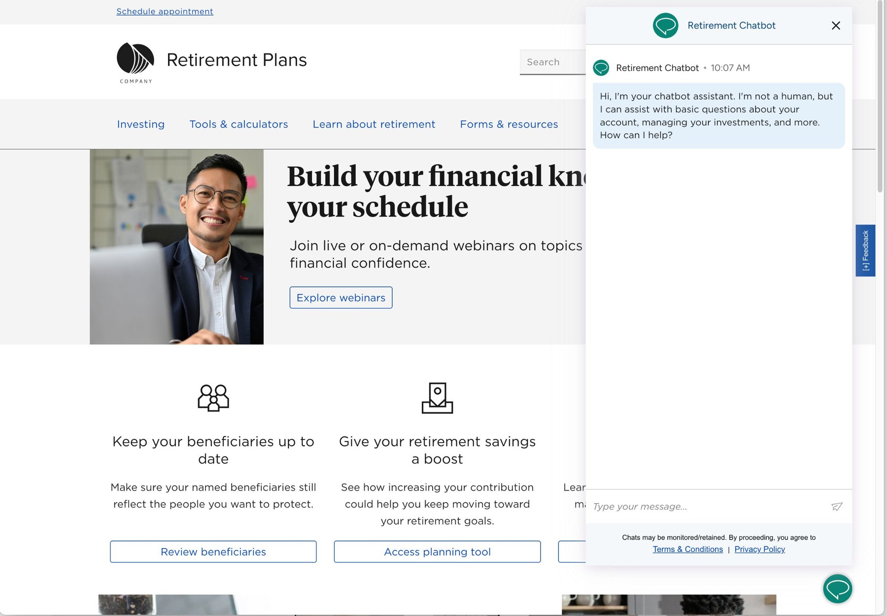 The retirement plan website with the Retirement Chatbot open in a side panel, greeting the visitor and offering help with account questions and managing investments.