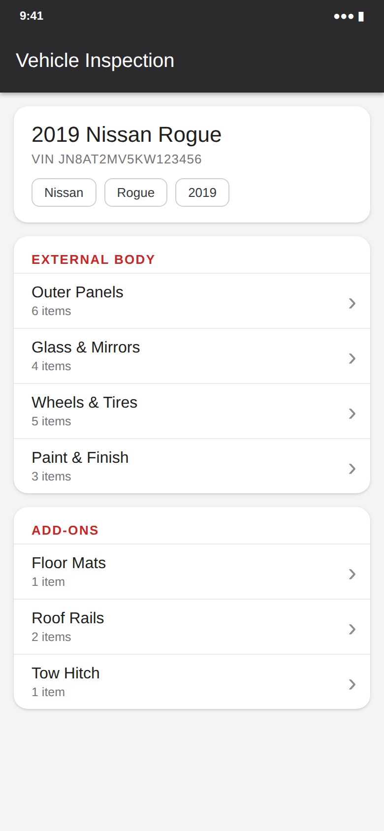 A representative inspection screen with a dark grey Vehicle Inspection bar. A card shows a 2019 Nissan Rogue and its VIN. Below are two sections, External Body and Add-Ons, each with a short list of items and a right caret.