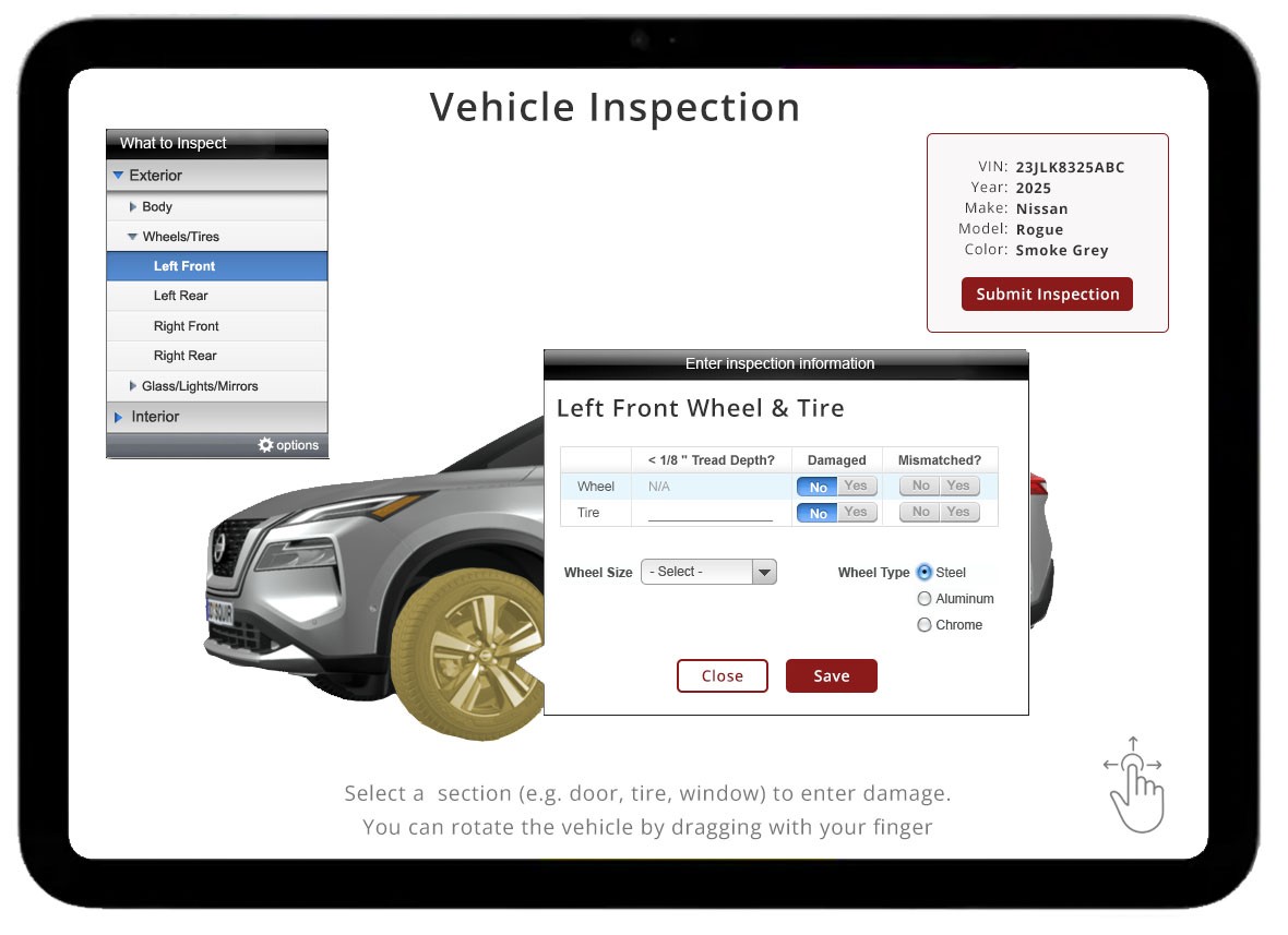 The tablet concept with Left Front selected under Wheels/Tires. A dialog titled Left Front Wheel and Tire asks whether the wheel and tire are damaged or mismatched, whether tread depth is below one eighth of an inch, and for the wheel size and type, with Close and Save buttons.