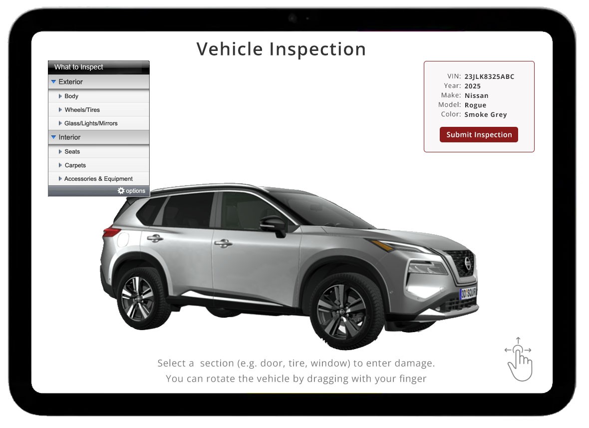 A tablet concept titled Vehicle Inspection. A 3D model of a grey Nissan Rogue sits in the center. A What to Inspect panel on the left lists Exterior and Interior sections, a card at the upper right shows the VIN, year, make, model, and color with a Submit Inspection button, and a hint at the bottom says to select a section and drag with a finger to rotate the vehicle.