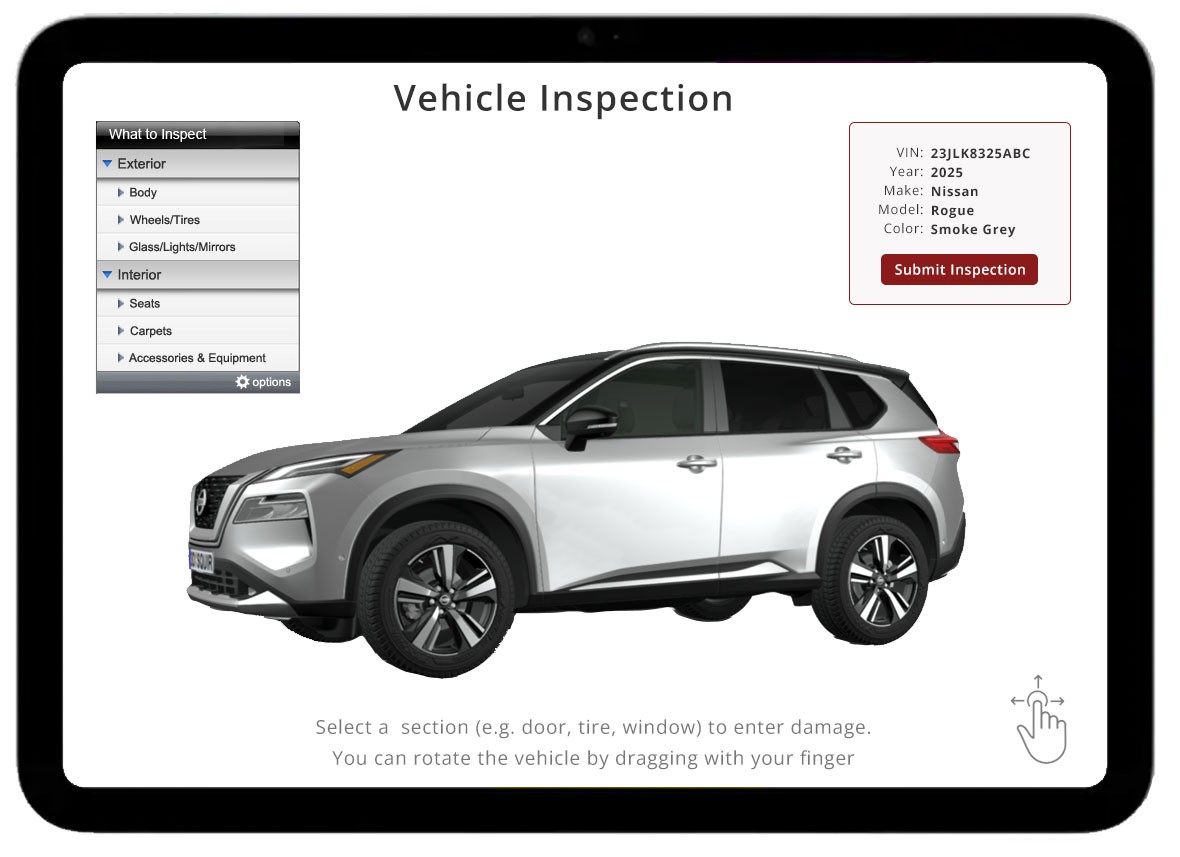 The same tablet concept with the 3D vehicle rotated to show its front and left side.